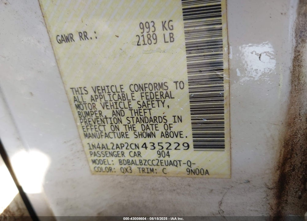 2012 NISSAN ALTIMA VIN: 1N4AL2AP2CN435229
