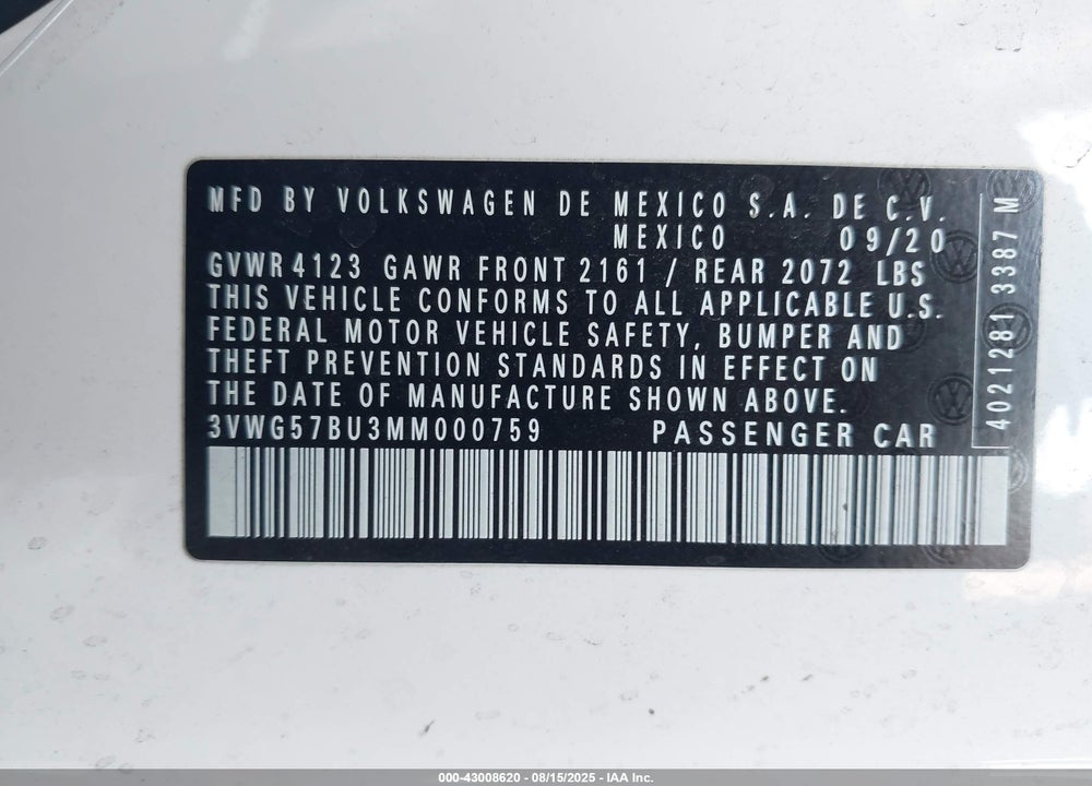 2021 VOLKSWAGEN JETTA VIN: 3VWG57BU3MM000759