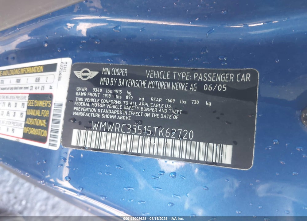 2005 MINI COOPER VIN: WMWRC33515TK62720