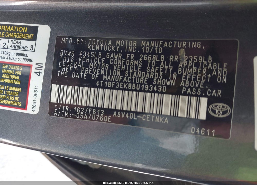 2011 TOYOTA CAMRY VIN: 4T1BF3EK8BU193430