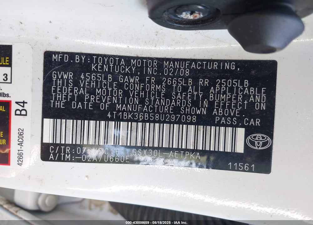 2008 TOYOTA AVALON LIMITED VIN: 4T1BK36B58U297098