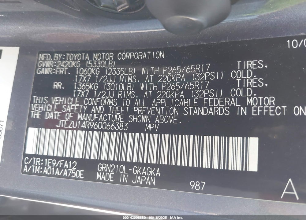 2006 TOYOTA 4RUNNER SR5 V6 VIN: JTEZU14R960066383