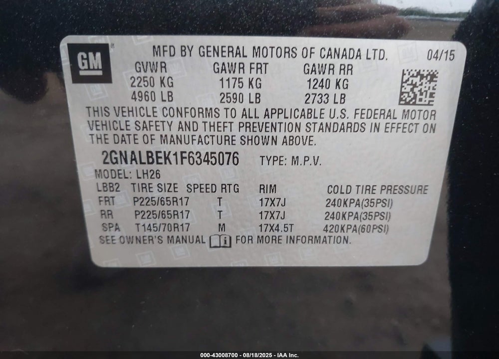 2015 CHEVROLET EQUINOX VIN: 2GNALBEK1F6345076