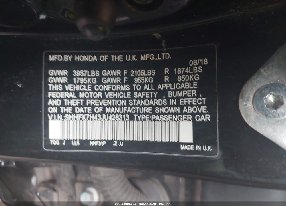 2018 HONDA CIVIC VIN: SHHFK7H43JU428313