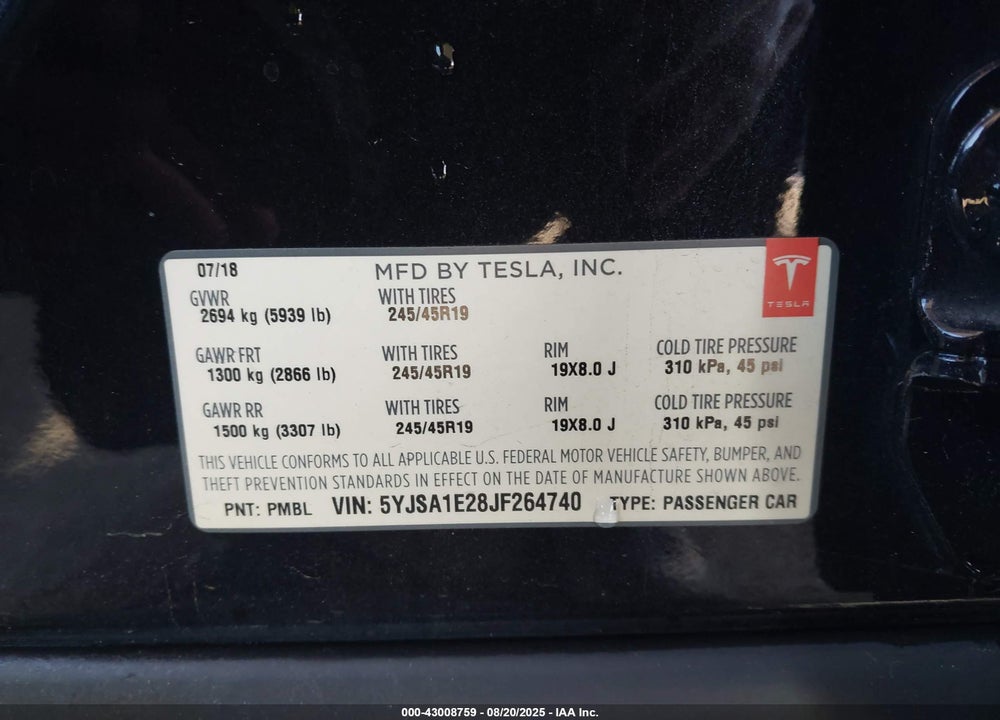 2018 TESLA MODEL S VIN: 5YJSA1E28JF264740