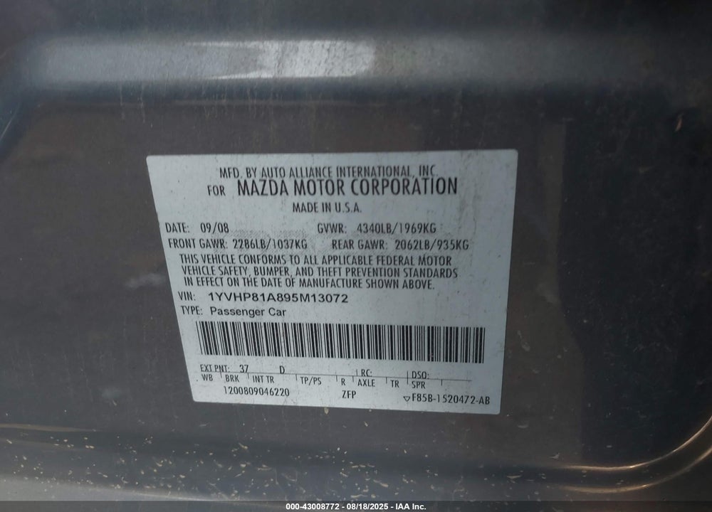 2009 MAZDA 6 VIN: 1YVHP81A895M13072