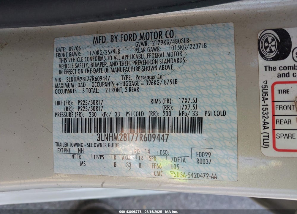 2007 LINCOLN MKZ VIN: 3LNHM28T77R609447