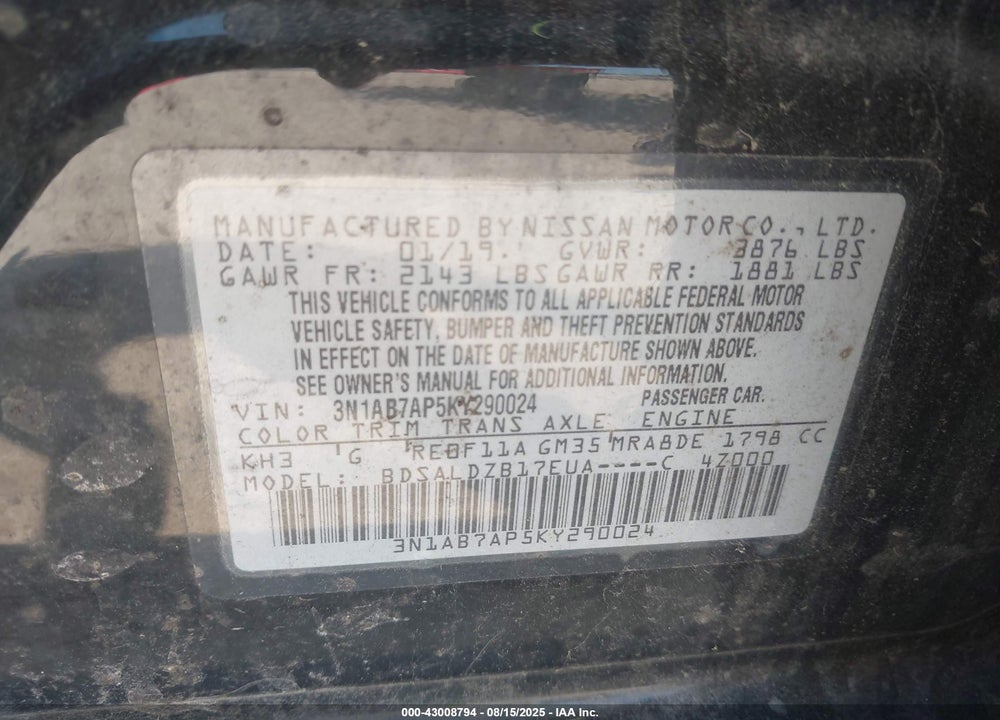 2019 NISSAN SENTRA VIN: 3N1AB7AP5KY290024
