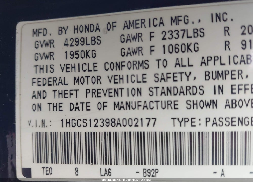 2008 HONDA ACCORD 2.4 LX-S VIN: 1HGCS12398A002177