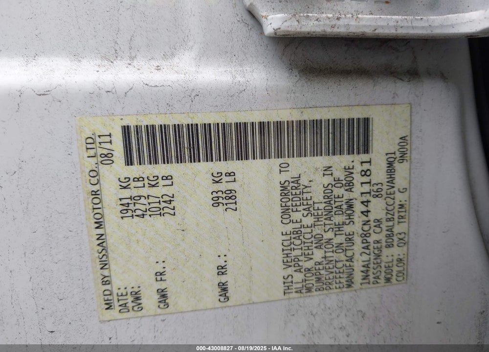 2012 NISSAN ALTIMA VIN: 1N4AL2AP8CN441181