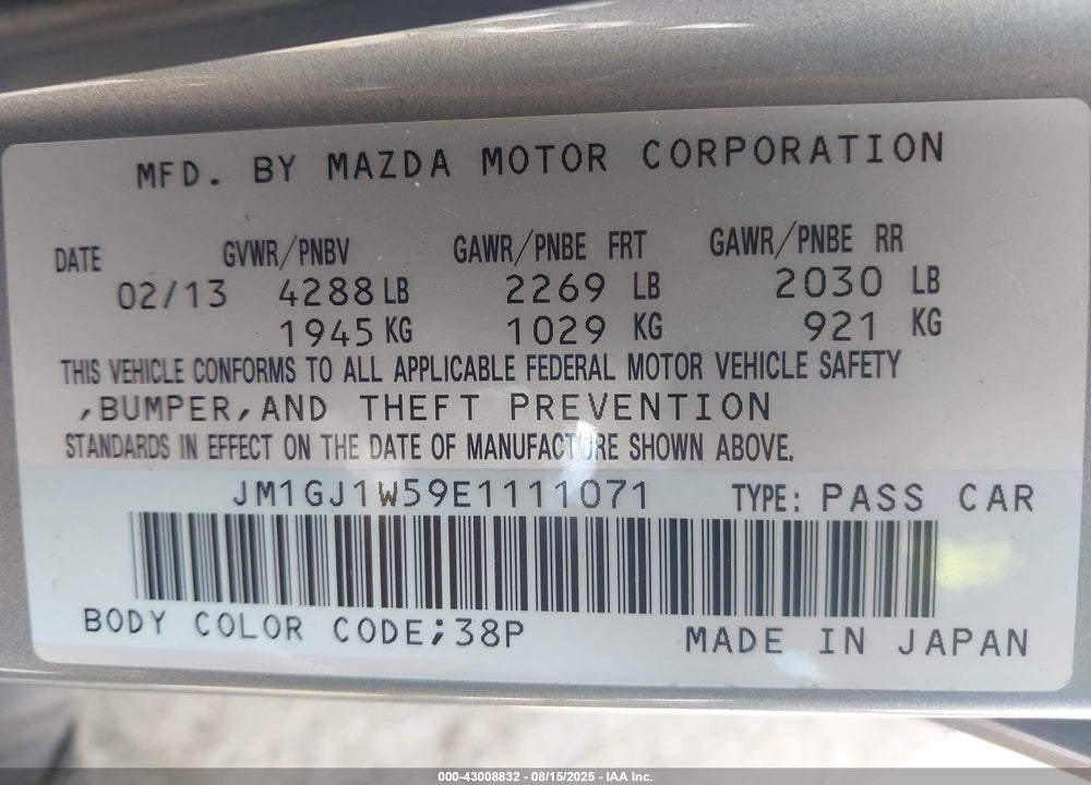 2014 MAZDA 6 VIN: JM1GJ1W59E1111071