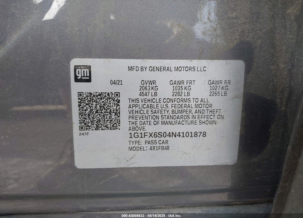 2022 CHEVROLET BOLT EV VIN: 1G1FX6S04N4101878
