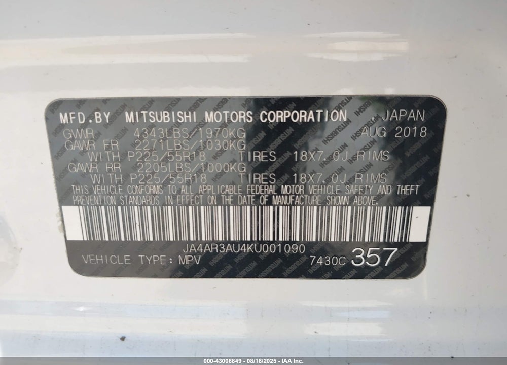2019 MITSUBISHI OUTLANDER SPORT 2.0 ES/2.0 LE/2.0 SE/2.0 SP VIN: JA4AR3AU4KU001090