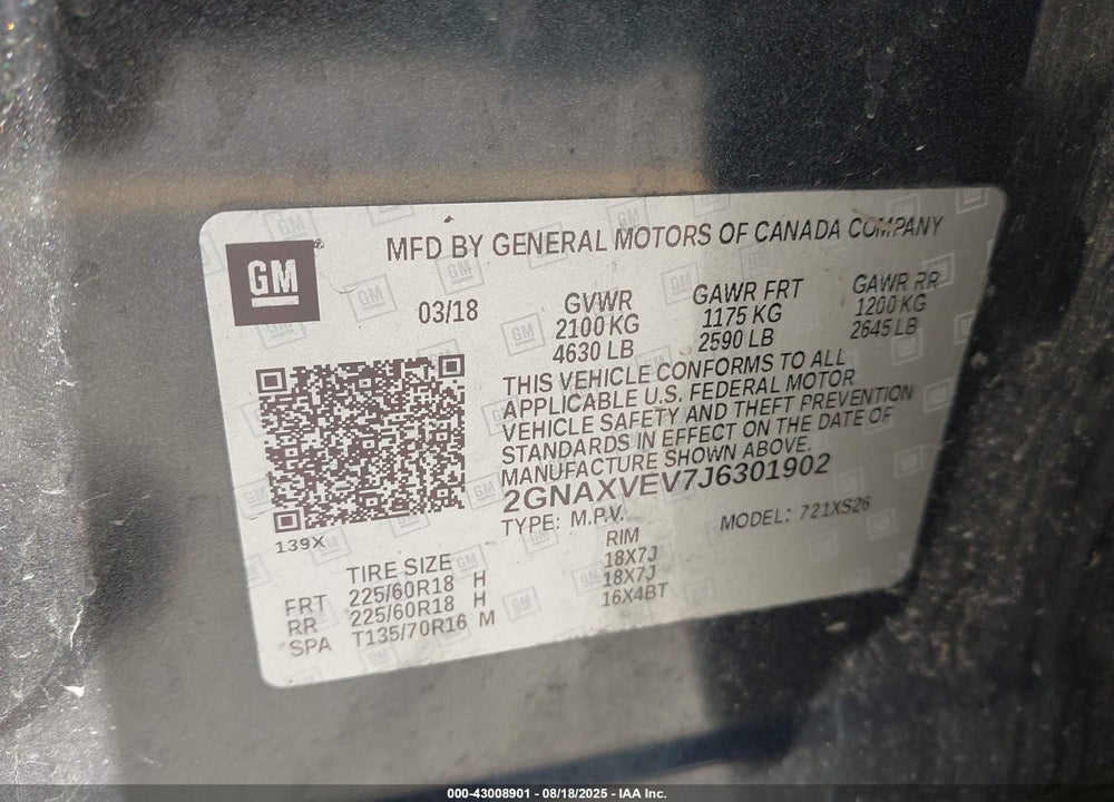 2018 CHEVROLET EQUINOX VIN: 2GNAXVEV7J6301902