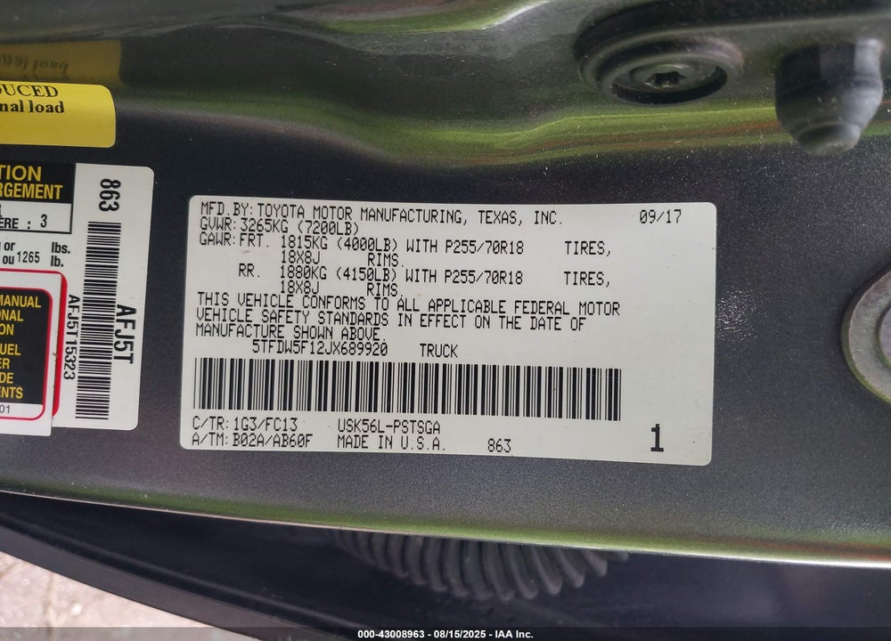 2018 TOYOTA TUNDRA SR5 5.7L V8 VIN: 5TFDW5F12JX689920