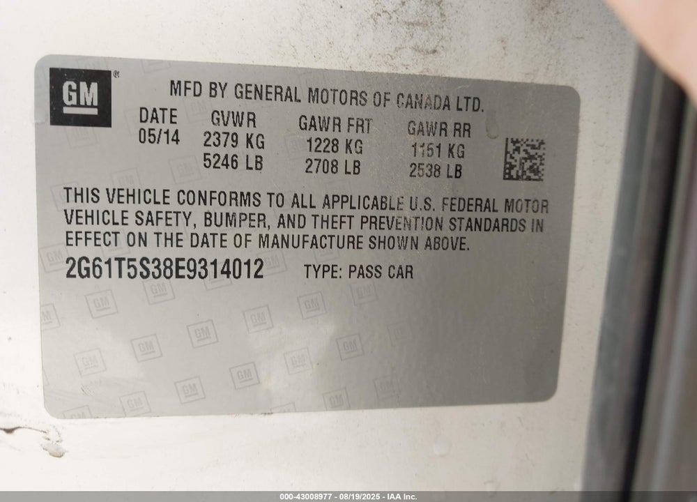 2014 CADILLAC XTS VIN: 2G61T5S38E9314012