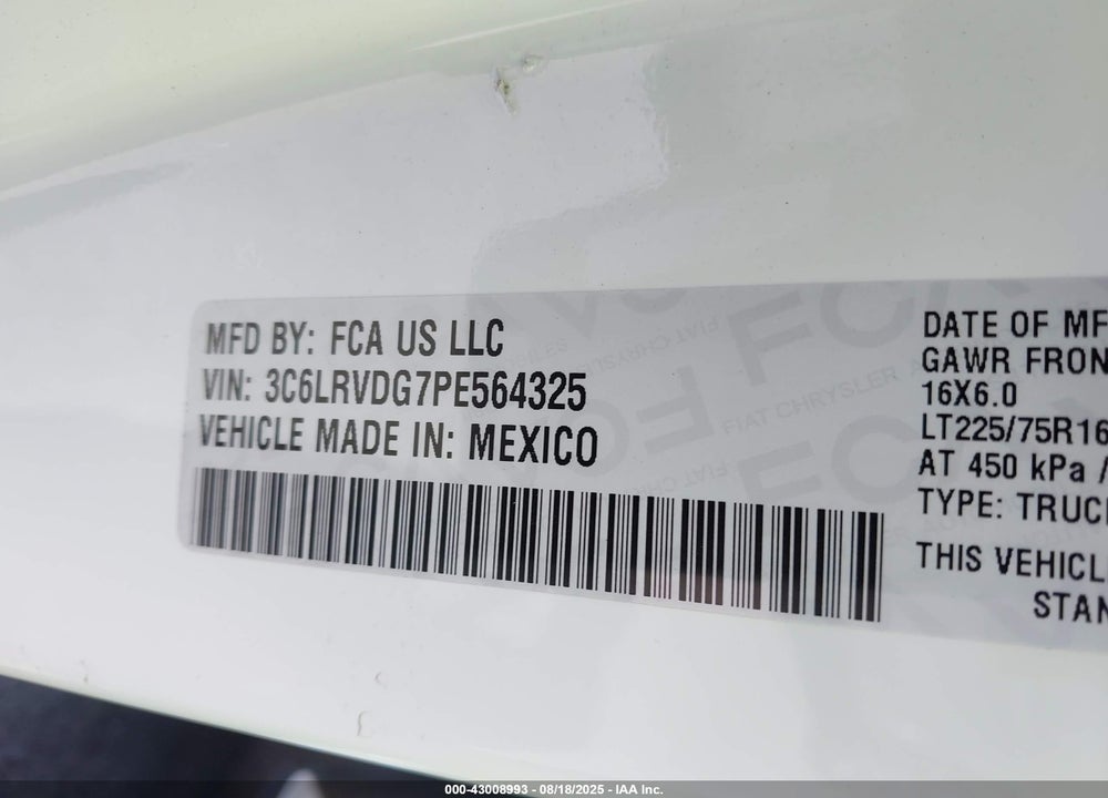 2023 RAM PROMASTER 2500 VIN: 3C6LRVDG7PE564325