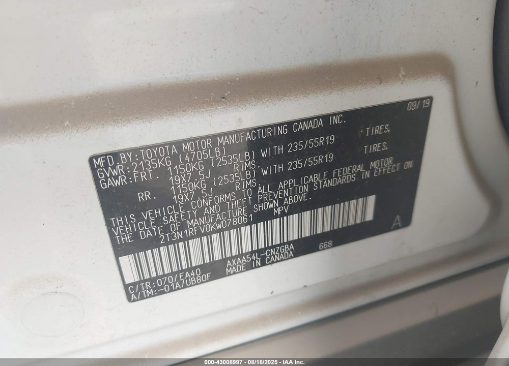 2019 TOYOTA RAV4 VIN: 2T3N1RFV0KW078061
