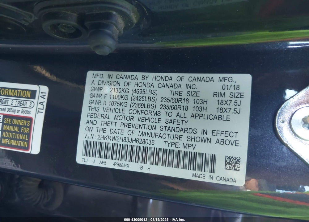 2018 HONDA CR-V VIN: 2HKRW2H83JH628036