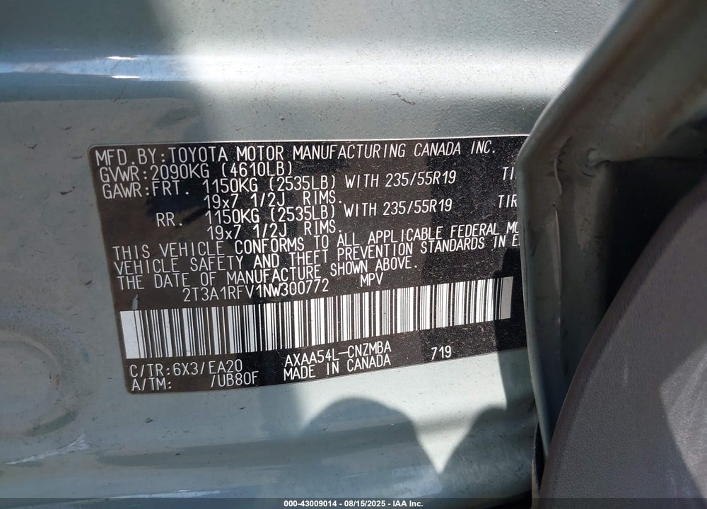 2022 TOYOTA RAV4 XLE PREMIUM VIN: 2T3A1RFV1NW300772