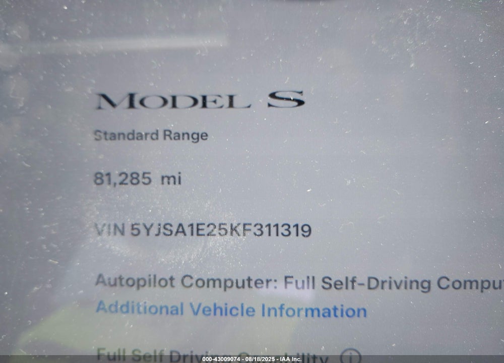 2019 TESLA MODEL S VIN: 5YJSA1E25KF311319