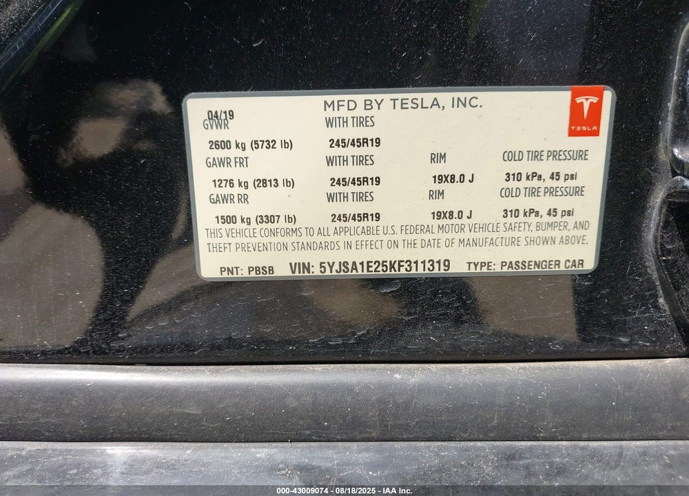 2019 TESLA MODEL S VIN: 5YJSA1E25KF311319
