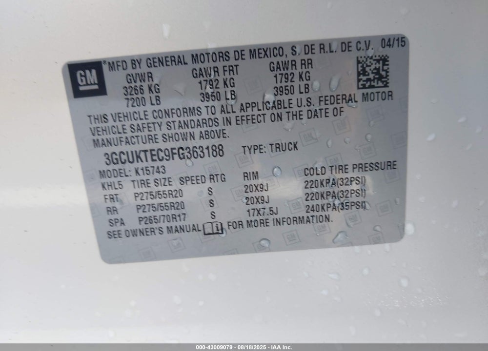2015 CHEVROLET SILVERADO 1500 VIN: 3GCUKTEC9FG363188