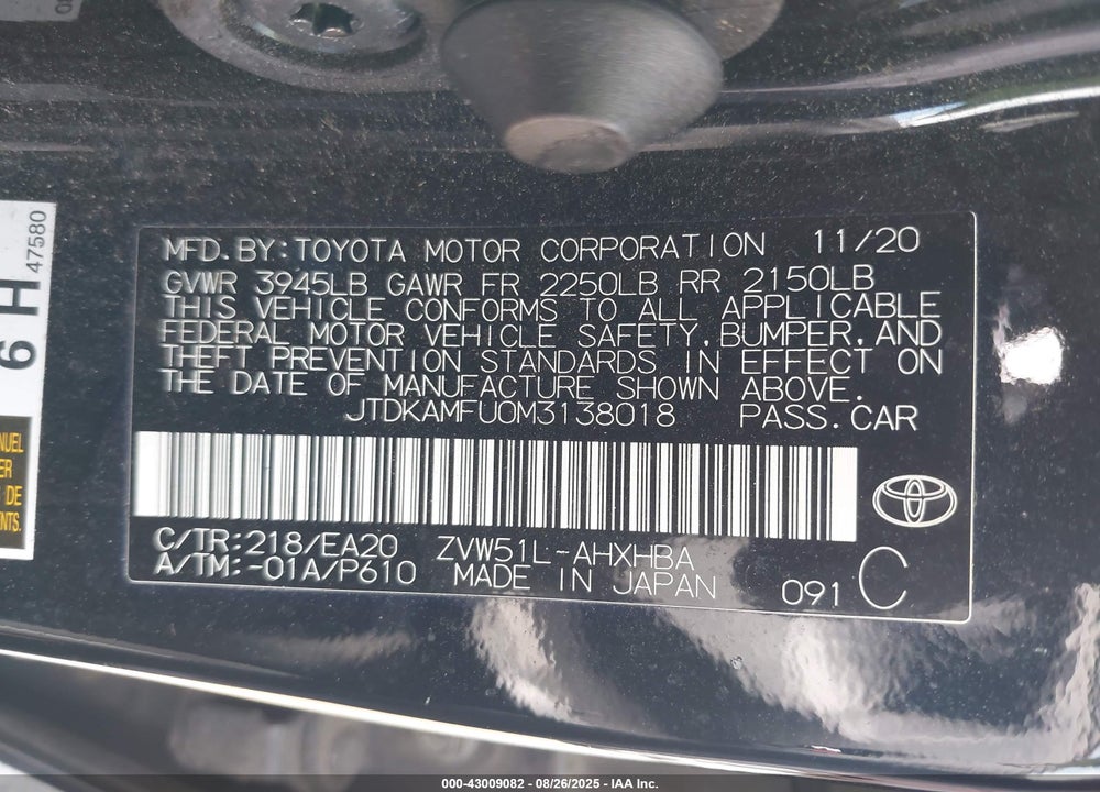 2021 TOYOTA PRIUS VIN: JTDKAMFU0M3138018