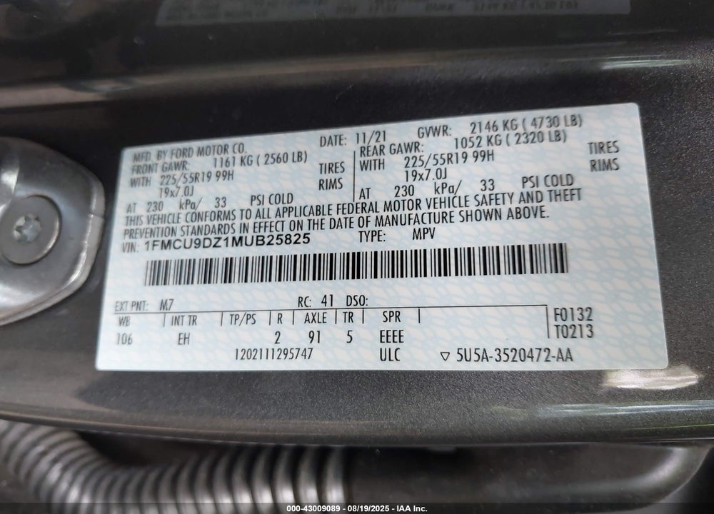2021 FORD ESCAPE VIN: 1FMCU9DZ1MUB25825