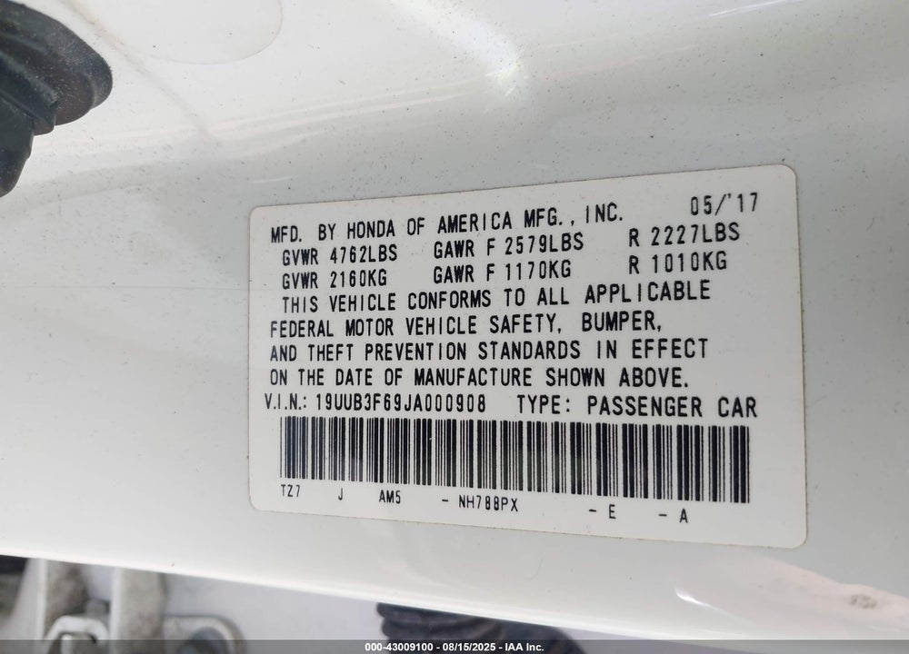 2018 ACURA TLX VIN: 19UUB3F69JA000908