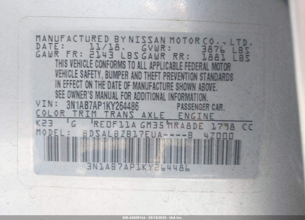 2019 NISSAN SENTRA VIN: 3N1AB7AP1KY264486