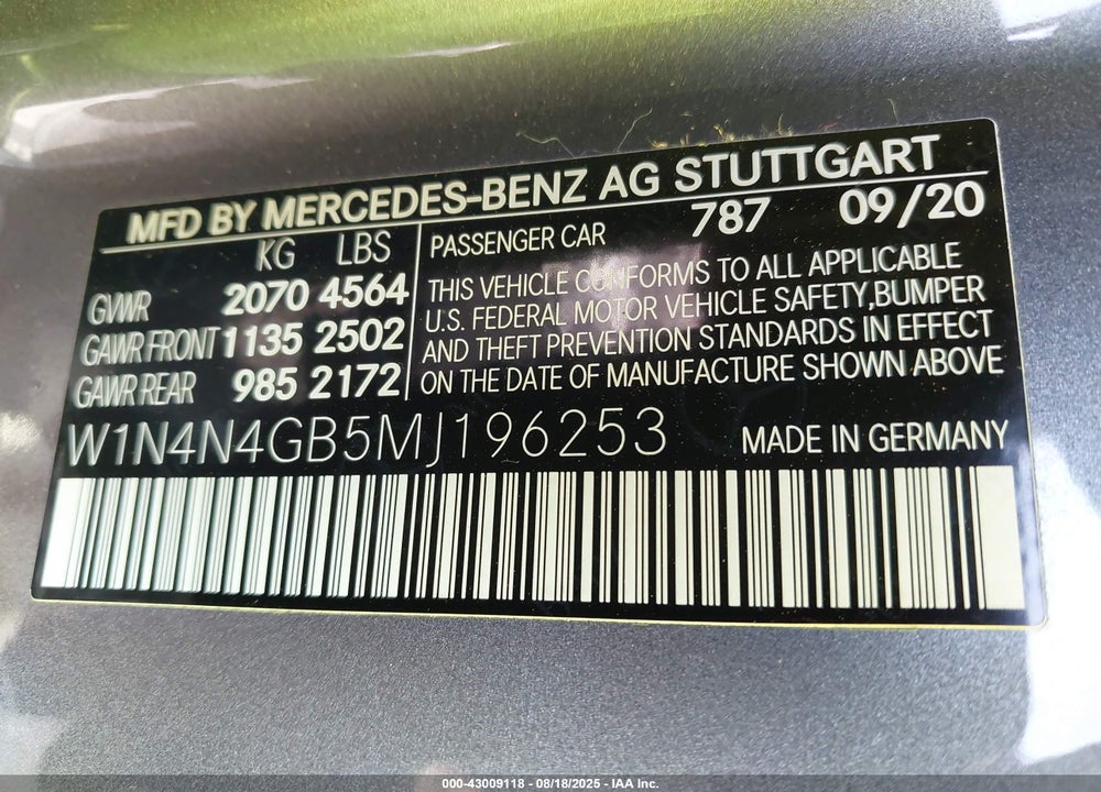 2021 MERCEDES-BENZ GLA 250 VIN: W1N4N4GB5MJ196253