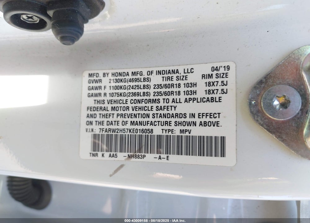 2019 HONDA CR-V VIN: 7FARW2H57KE016058