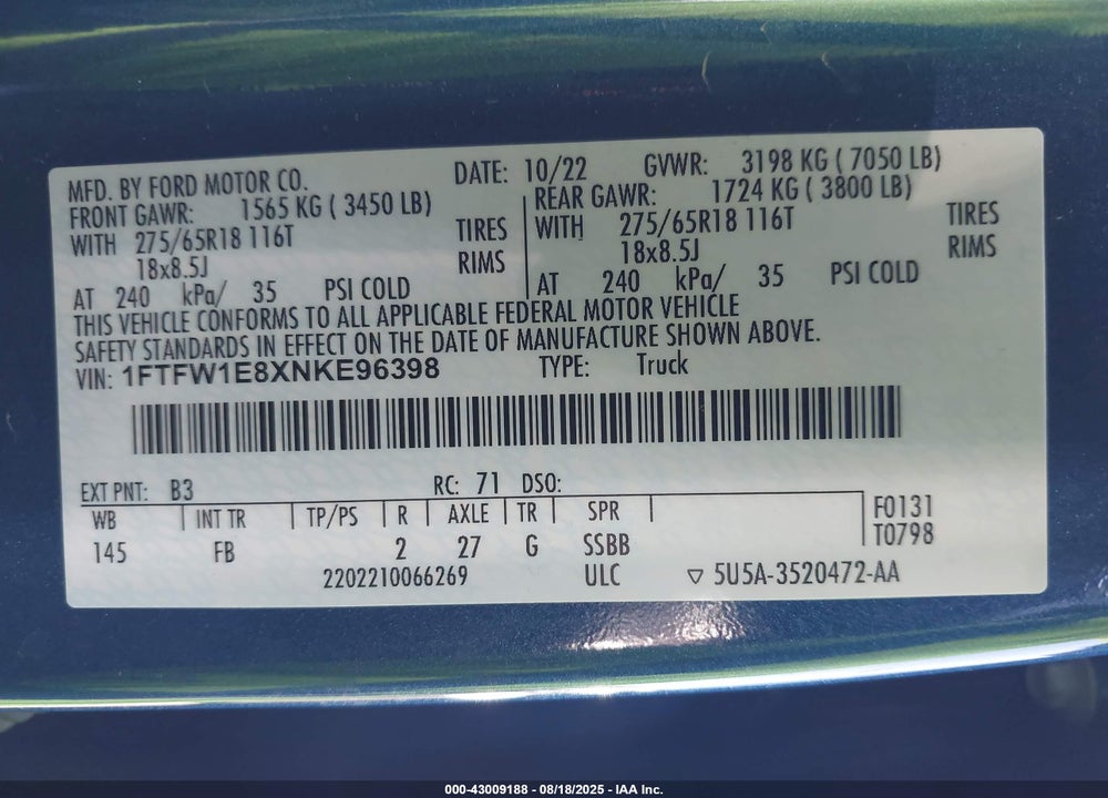 2022 FORD F-150 VIN: 1FTFW1E8XNKE96398