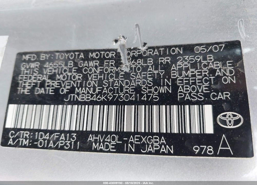2007 TOYOTA CAMRY HYBRID VIN: JTNBB46K973041475