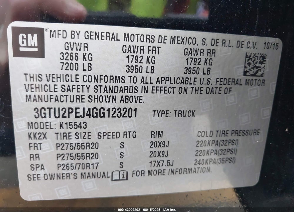 2016 GMC SIERRA 1500 VIN: 3GTU2PEJ4GG123201