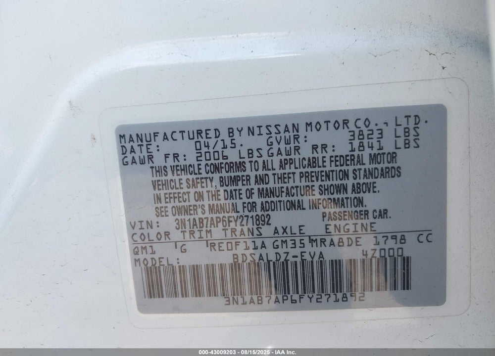 2015 NISSAN SENTRA VIN: 3N1AB7AP6FY271892