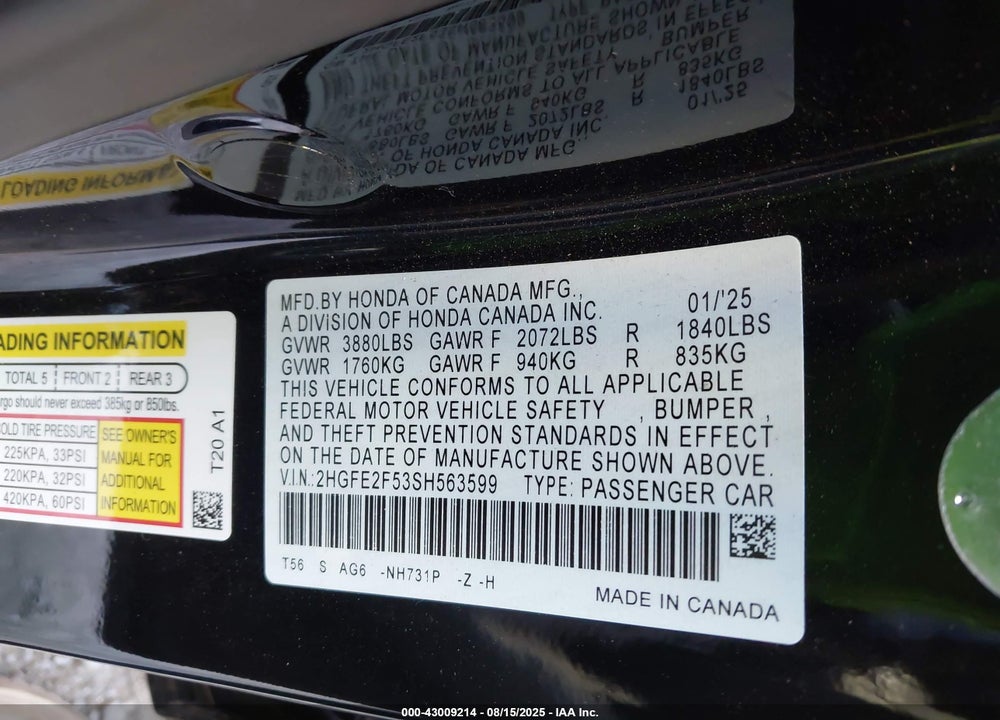 2025 HONDA CIVIC VIN: 2HGFE2F53SH563599
