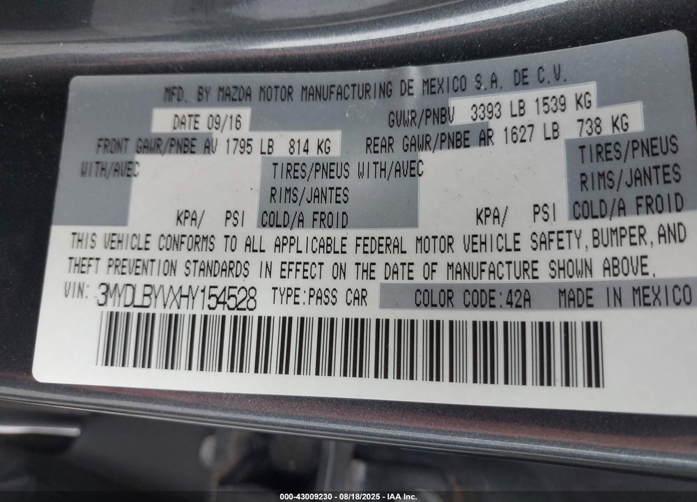 2017 TOYOTA YARIS IA VIN: 3MYDLBYVXHY154528