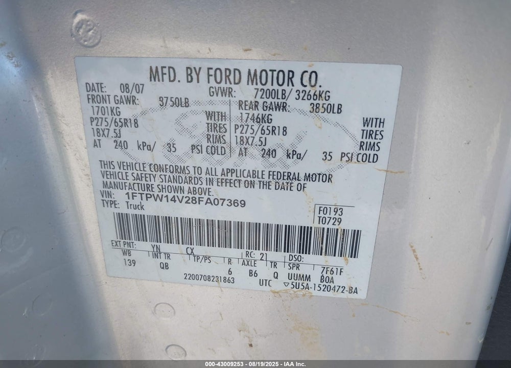 2008 FORD F-150 VIN: 1FTPW14V28FA07369