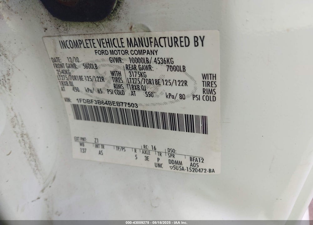 2011 FORD F-350 XL VIN: 1FDBF3B64BEB77503