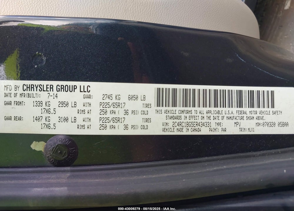 2014 CHRYSLER TOWN & COUNTRY TOURING VIN: 2C4RC1BG5ER434331