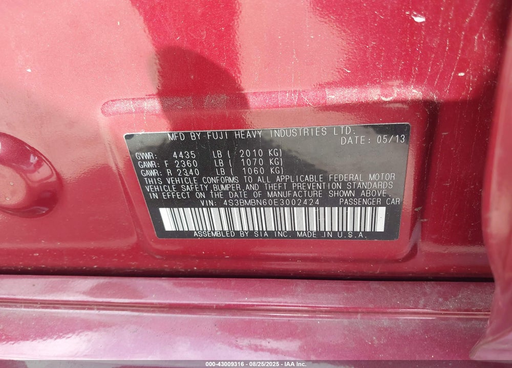 2014 SUBARU LEGACY 2.5I LIMITED VIN: 4S3BMBN60E3002424