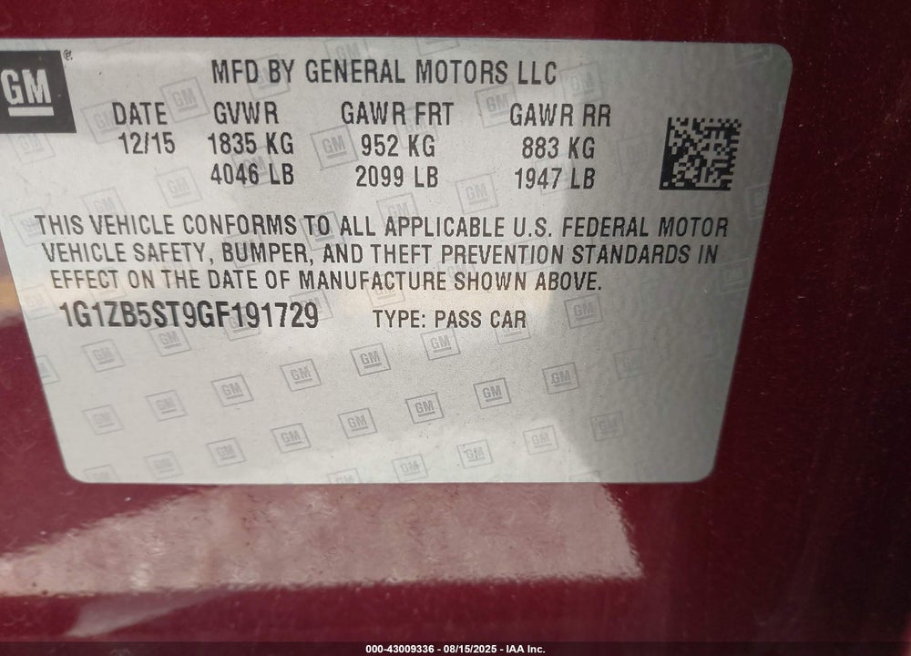 2016 CHEVROLET MALIBU VIN: 1G1ZB5ST9GF191729