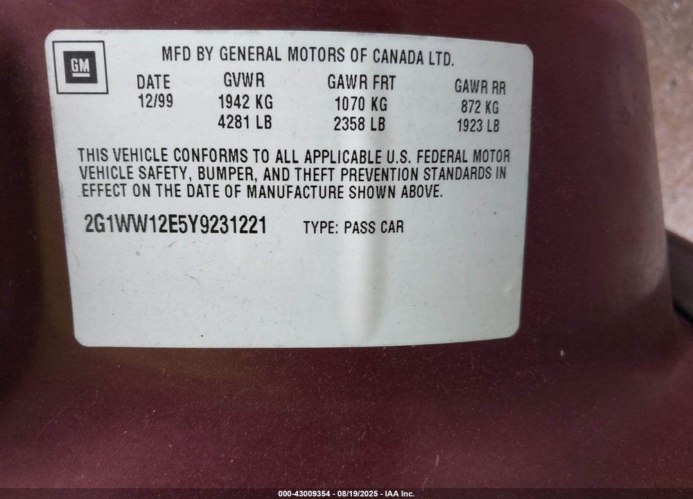 2000 CHEVROLET MONTE CARLO LS VIN: 2G1WW12E5Y9231221