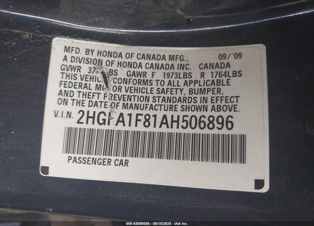 2010 HONDA CIVIC VIN: 2HGFA1F81AH506896