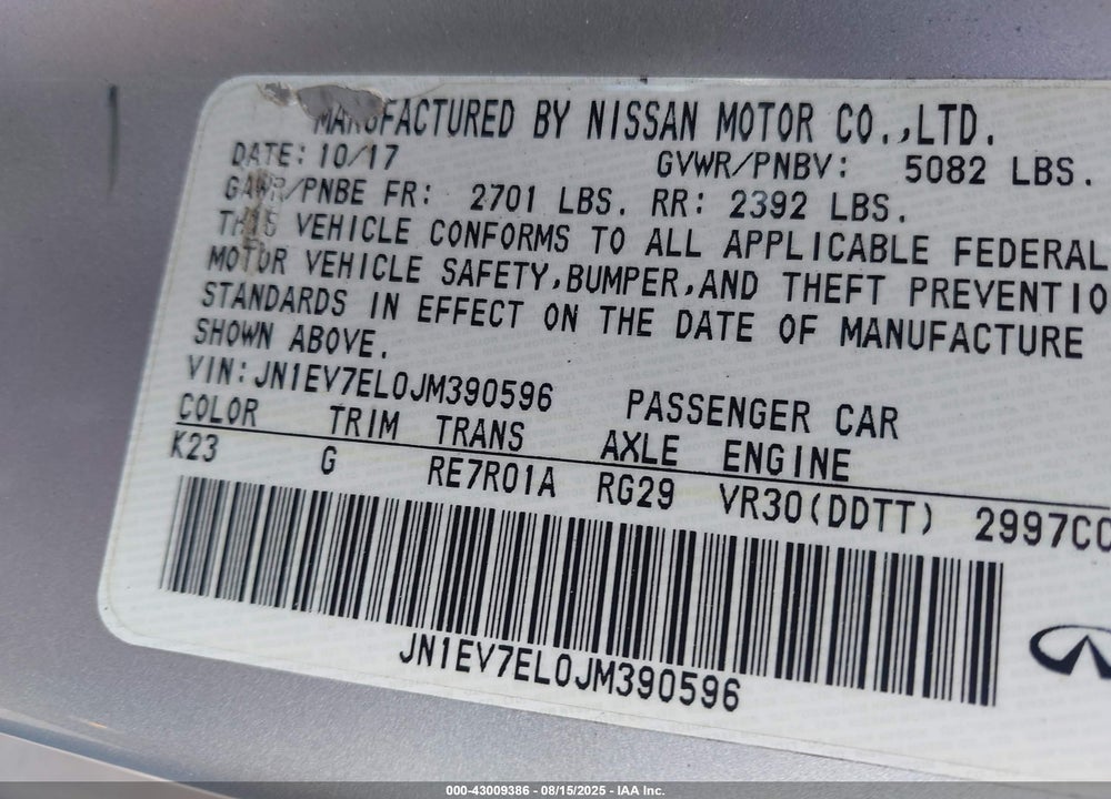 2018 INFINITI Q60 VIN: JN1EV7EL0JM390596