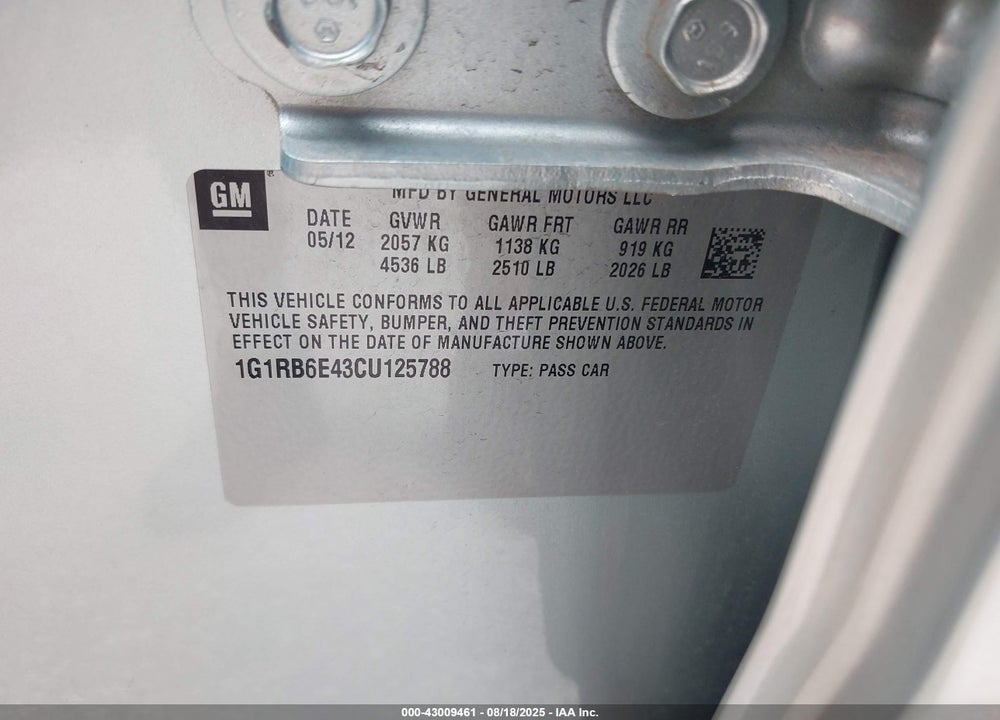 2012 CHEVROLET VOLT VIN: 1G1RB6E43CU125788