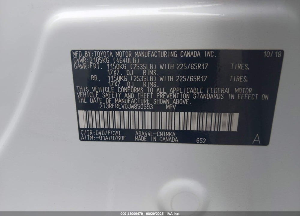 2018 TOYOTA RAV4 VIN: 2T3RFREV0JW850593
