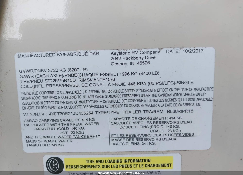 2018 KEYSTONE RV OTHER VIN: 4YDT30R21JD435254